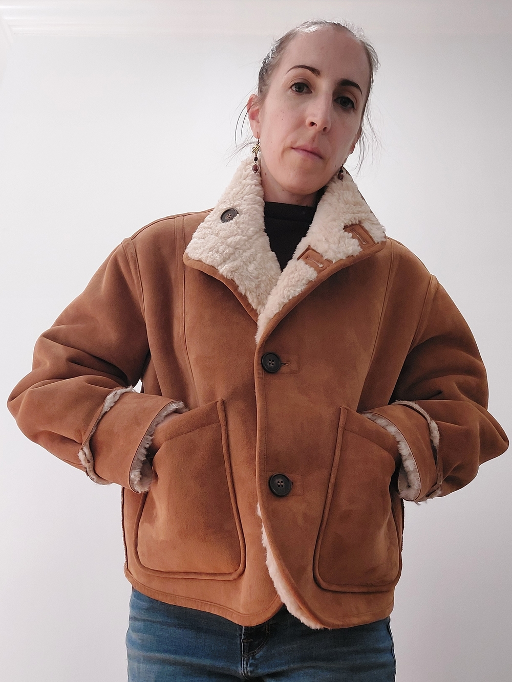 Zara Small Double Faced Cream Teddy Faux Shearling Jacket with Tan Trim - Picture 3 of 16